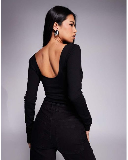 ASOS Black Cotton Rib Bodysuit With Scoop Back Detail