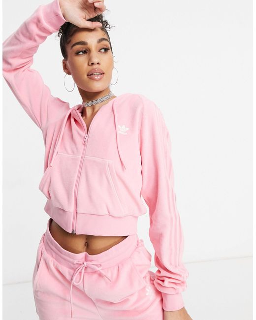 Adidas Originals Pink 'relaxed Risqué' Velour Zip-through Hoodie