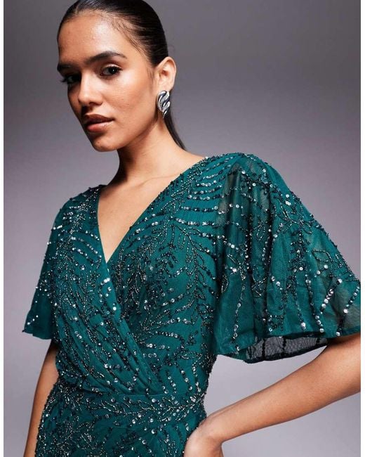 Beauut Blue Embellished V-neck Wrap Flutter Sleeve Maxi Dress
