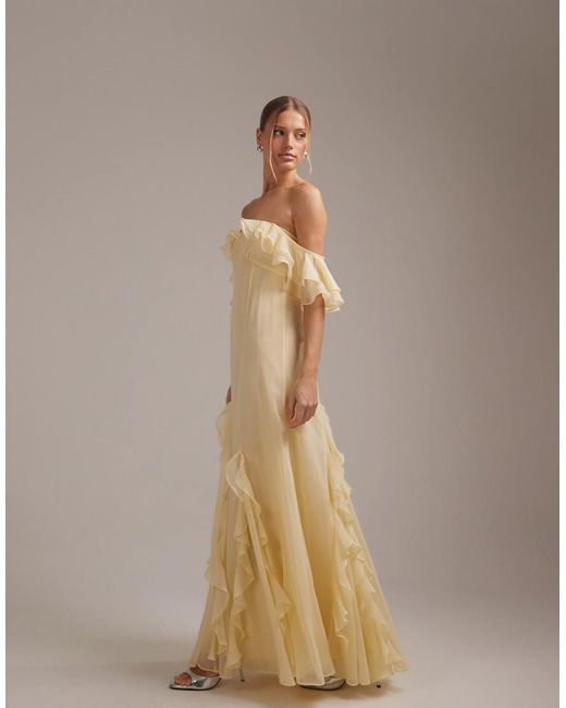 ASOS Brown Bridesmaids Bardot Ruffle Chiffon Maxi Dress