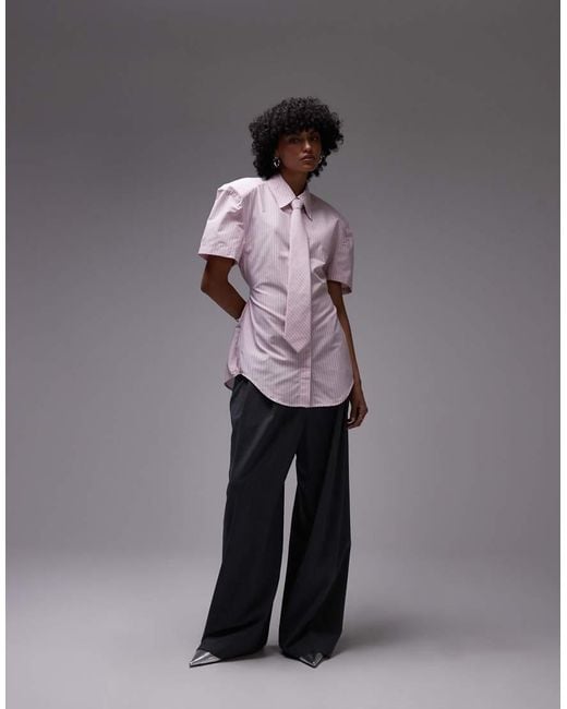 ASOS Gray Shoulder Pad Short Sleeve Shirt With Tie