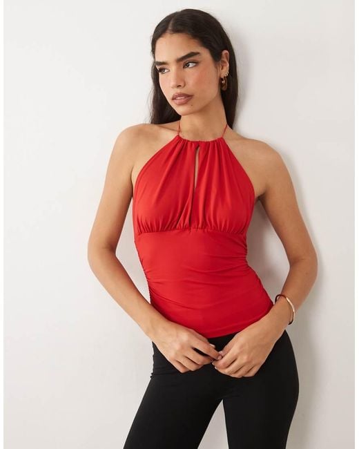 ASOS Red Polyamide High Neck Cinched Waist Halter Top