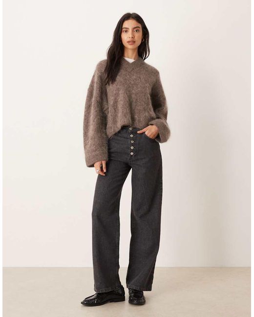 ASOS Brown Premium Mohair Wide Sleeve Jumper With V Neck