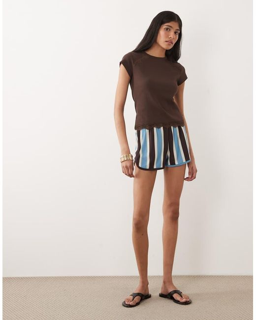 Miss Selfridge Brown Ribbed T-shirt With Lace Inserts
