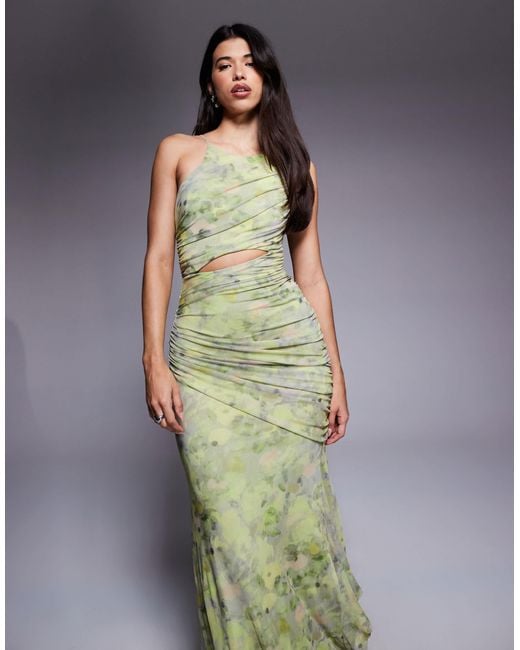 ASOS Multicolor – neckholder-maxikleid mit eckigem ausschnitt, asymmetrischer raffung und blumenmuster