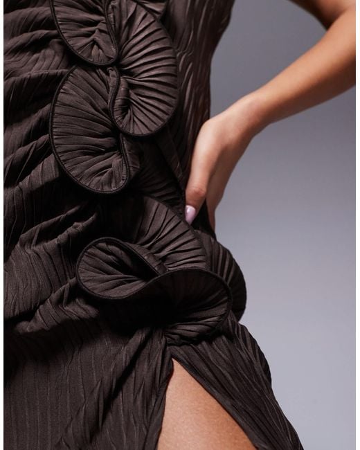 ASOS Brown Plisse Cami Maxi Dress With Waterfall Corsage Ruffle