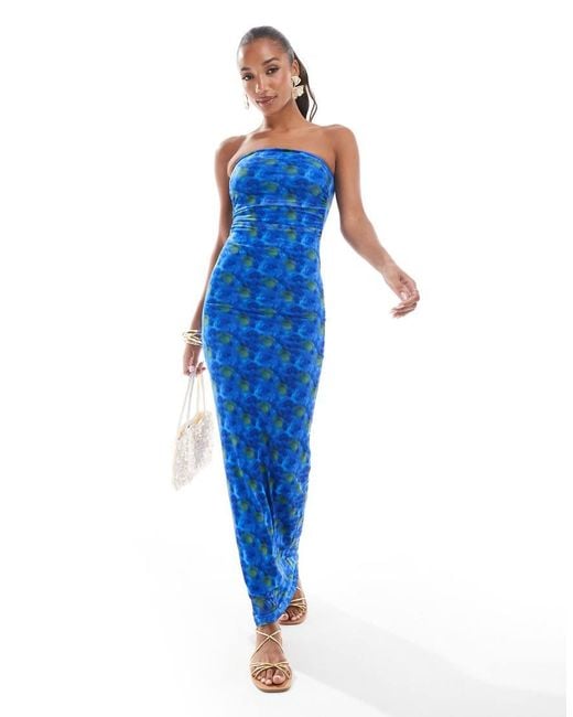 South Beach Blue Floral Abstract Print Mesh Maxi Bandeau Dress