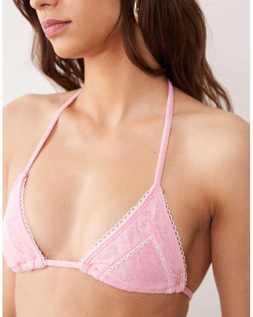 Miss Selfridge Natural Pointelle Lace Trim Triangle Bikini Top