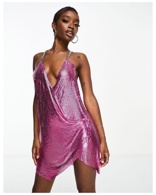 SIMMI Pink Simmi Embellished Chainmail Strappy Wrap Over Mini Dress