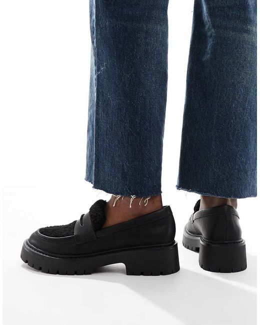 London Rebel Blue Olivia Contrast Teddy Fur Chunky Loafers