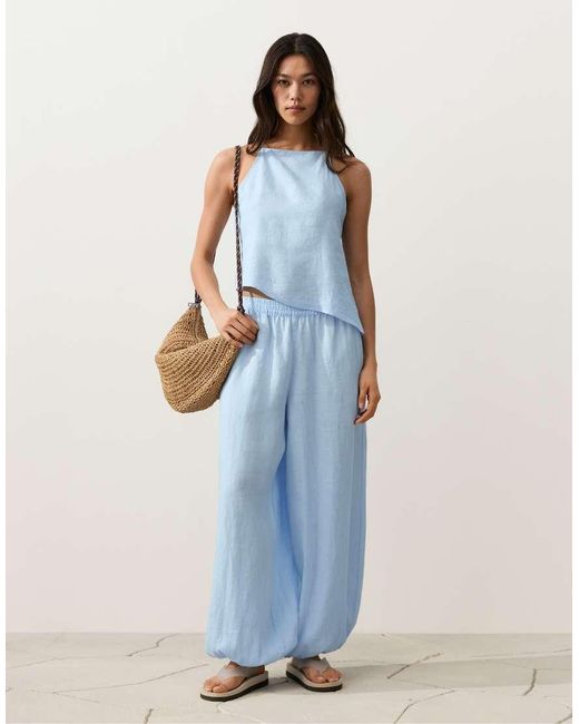 Oysho Blue Asymmetric 100% Linen Sleeveless Top