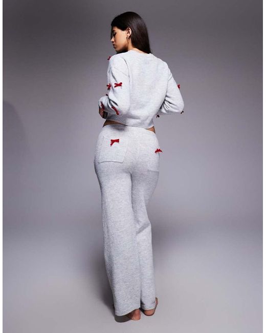 River Island Gray Knitted Bow Detail Cardigan And Trouser Set