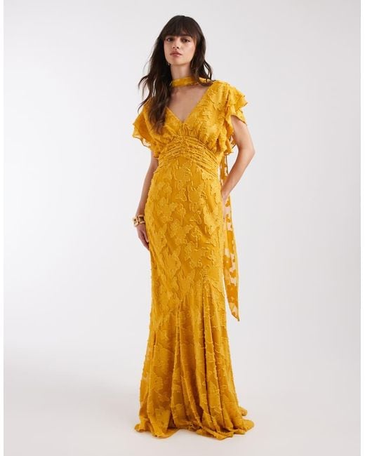 Pretty Lavish Metallic V Neck Frill Jacquard Godet Maxi Dress