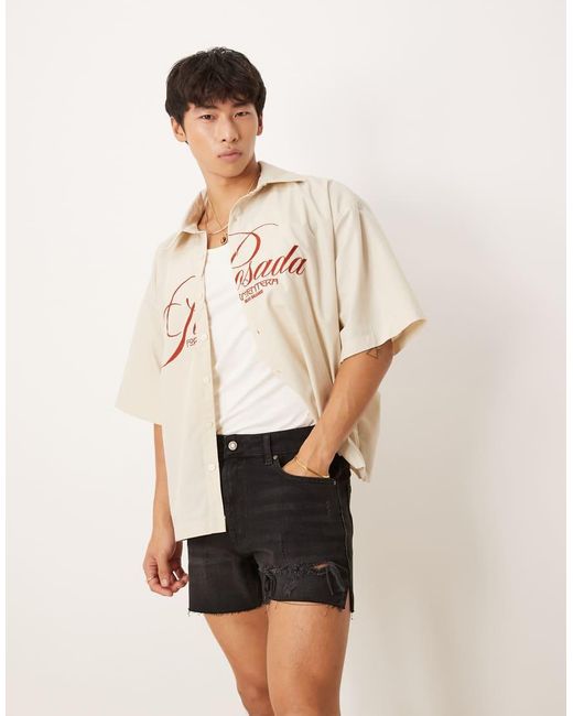ASOS Natural Shorter Length Straight Fit Denim Shorts With Rip Detail for men