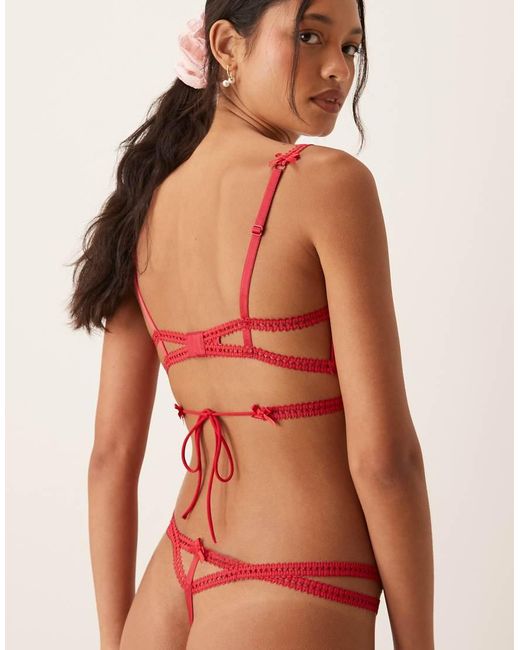 For Love & Lemons Red Perfect Match Satin Bow And Heart Embroide Thong