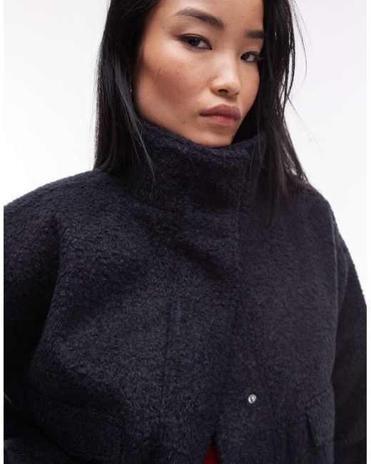 TOPSHOP Black Formal Funnel Neck Boucle Bomber Style Coat