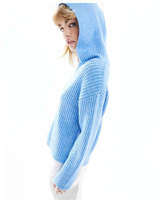 Monki Blue V Neck Knitted Hood Sweater