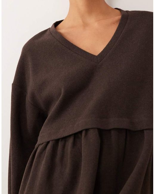 Miss Selfridge Brown V-neck Brushed Rib Mini Smock Dress