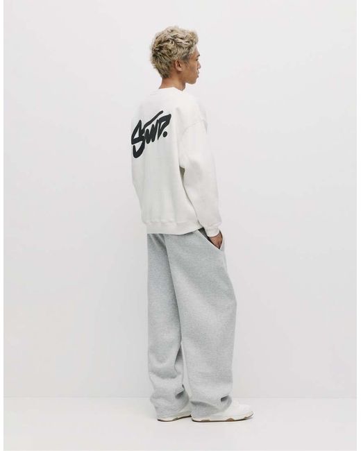 Pull&Bear White Round Neck Stwd Sweatshirt for men