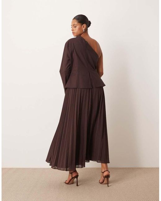 ARRANGE Brown Curve Sculpted One Shoulder Maxi Dress With Micro Pleat Hem