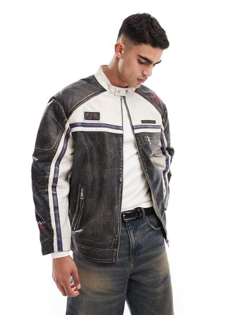ASOS Gray Real Leather Motocross Jacket With Badges for men