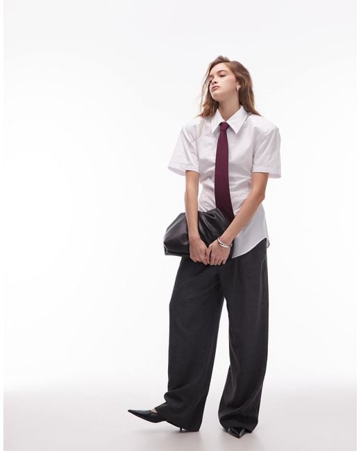 ASOS Women's White Shoulder Pad Short Sleeve Shirt With Polka Dot Tie