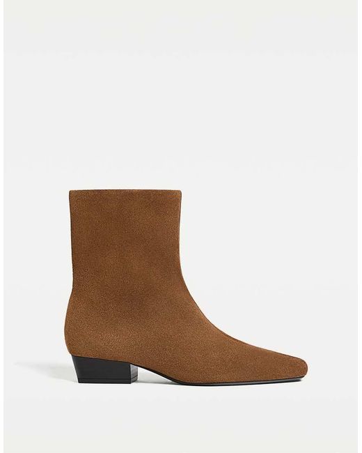 Stradivarius Brown Flat Leather Ankle Boots
