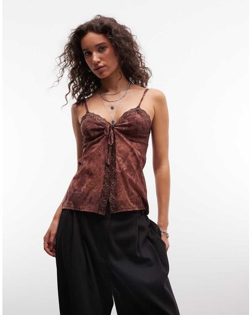 Reclaimed Vintage Multicolor Tie Front Printed Cami Top With Lace