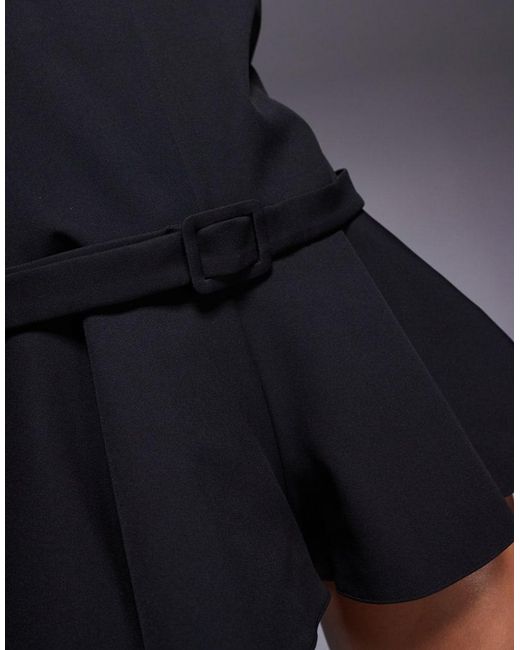 ASOS Blue Structured High Neck Playsuit With Belt An Pep Hem Detail