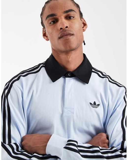 Adidas Originals Blue Three Stripe Long Sleeve Polo for men