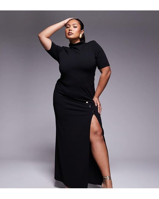 ASOS Blue Asos Design Curve High Neck Maxi Pencil Dress With Short Sleeves And Large Gold Button Detail Split