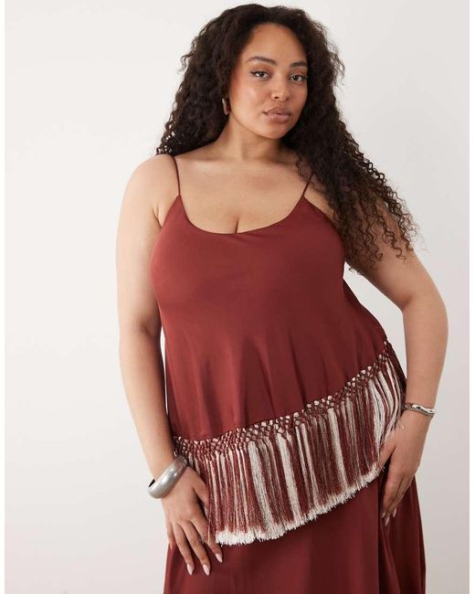 ASOS Asos Design Curve Double Tier Layered Two Tone Fringe Satin Cami Maxi Dress