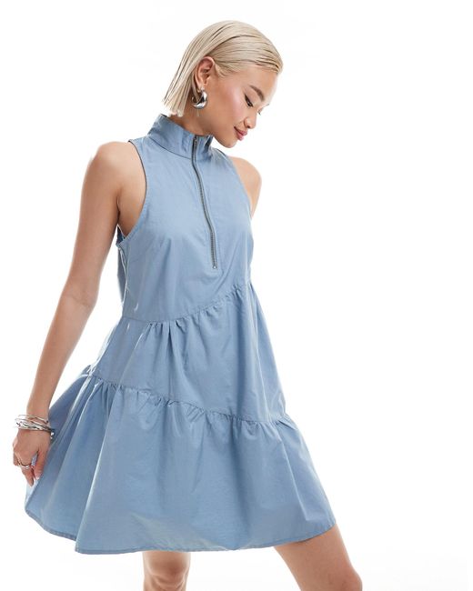 Collusion Blue Cotton Mini Asymmetric Smock Dress With Zip Detail