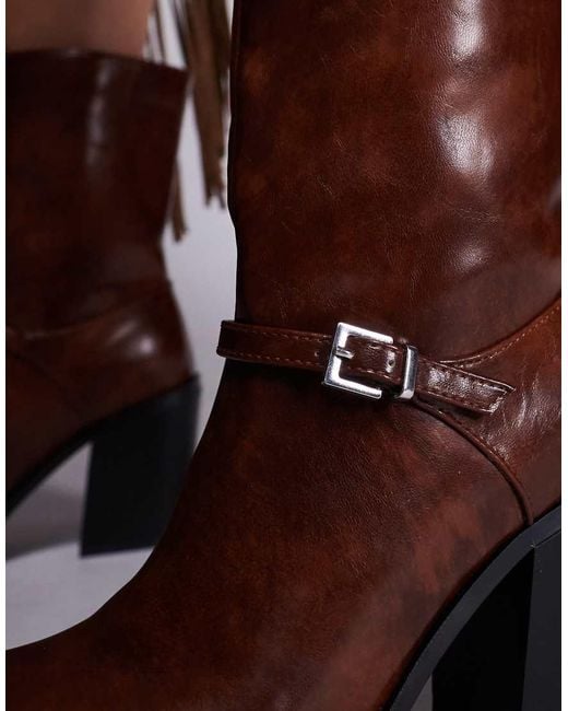 Public Desire Brown Dusty Square Toe Heeled Ankle Boots