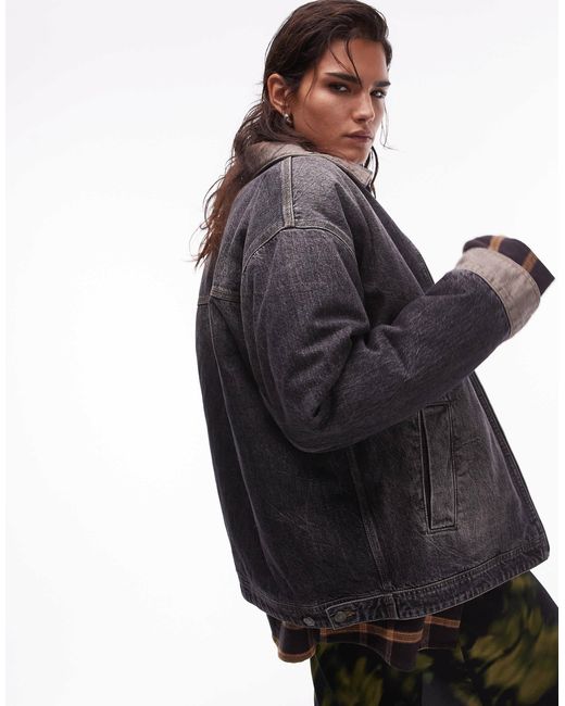 TOPSHOP Black Denim Padded Barn Jacket With Contrast Collar
