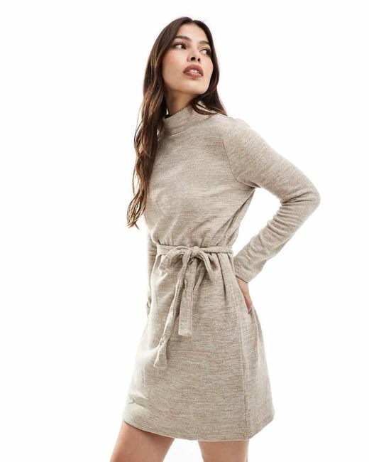 Vero Moda Natural High Neck Knitted Mini Dress With Tie Waist