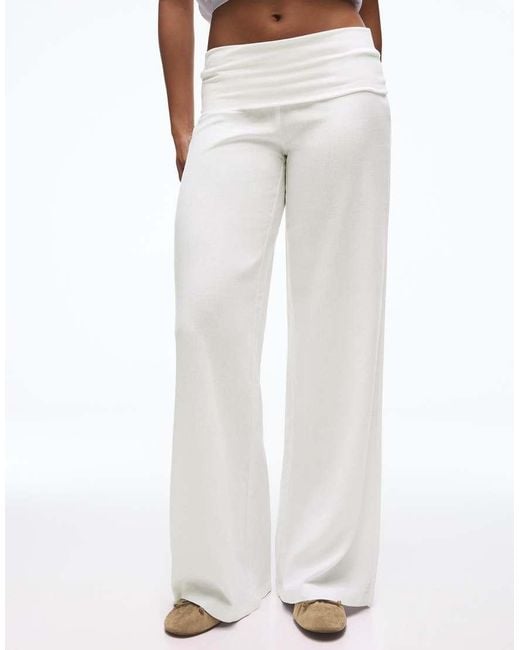 Bershka White Turn-up Waist Trousers