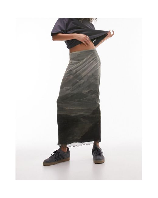 TOPSHOP Black Scenic Mesh Midi Skirt