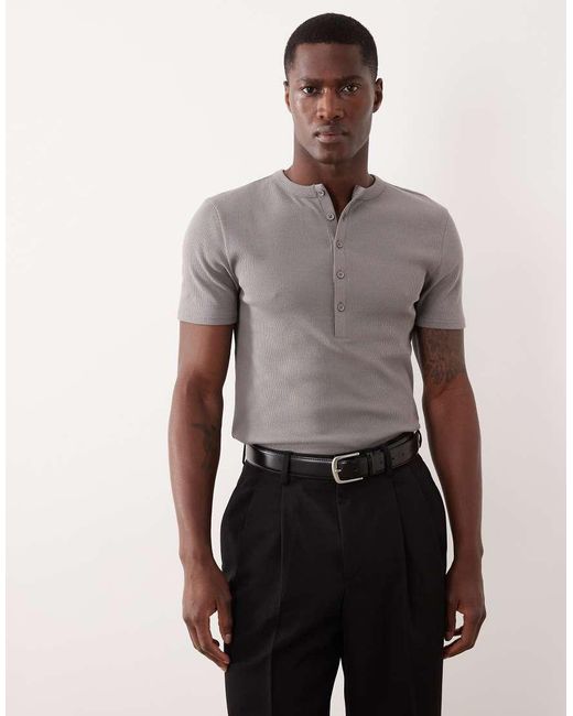 ASOS Gray Muscle Fit T-shirt With Henley Neck for men