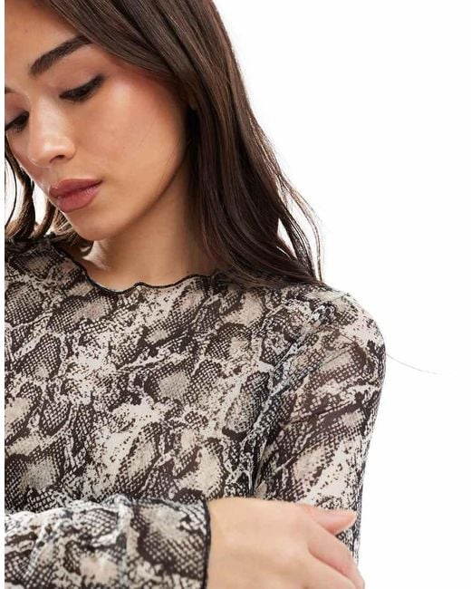 Object Blue Snake Print Long Sleeve Mesh Top