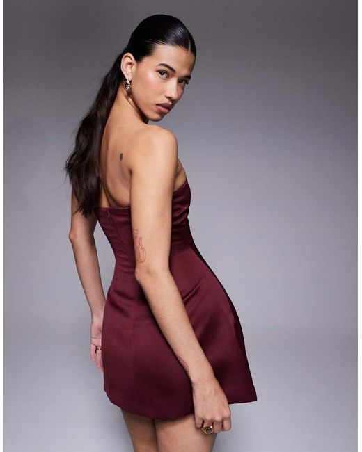 Aria Cove Purple Satin Seam Detail Structured Bandeau Mini Dress
