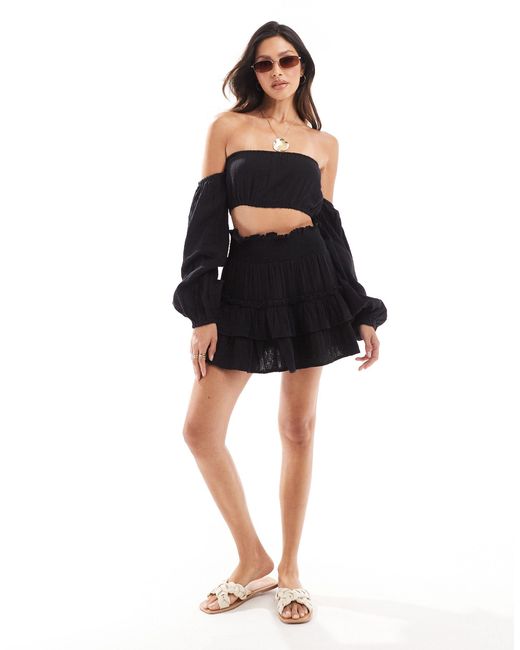 ASOS Black Double Gauze Ra-ra Mini Beach Skirt Co-ord