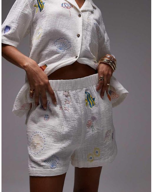 TOPSHOP Gray Co Ord Cotton Doodle Embroidery Pull On Shorts