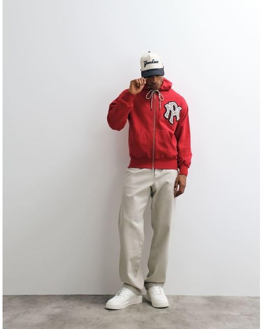 No Problemo Red 100% Cotton Zip Through Varsity Style Hoodie With Large Nyp Logo for men