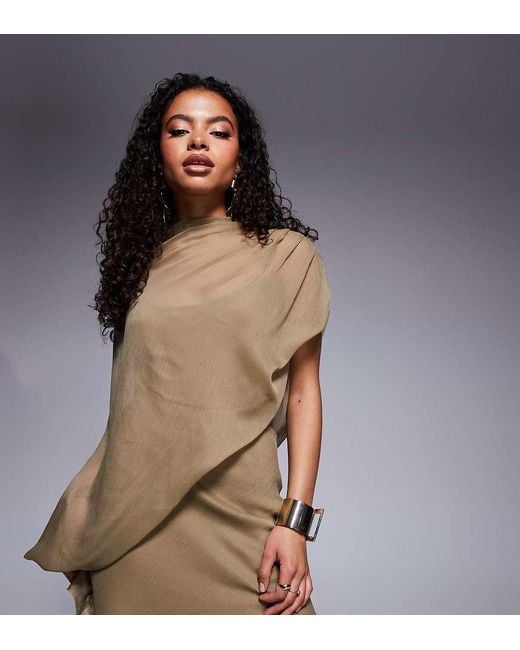 ASOS Natural Asos Design Petite High Neck Draped Asymmetric Mini Dress With Cut Out