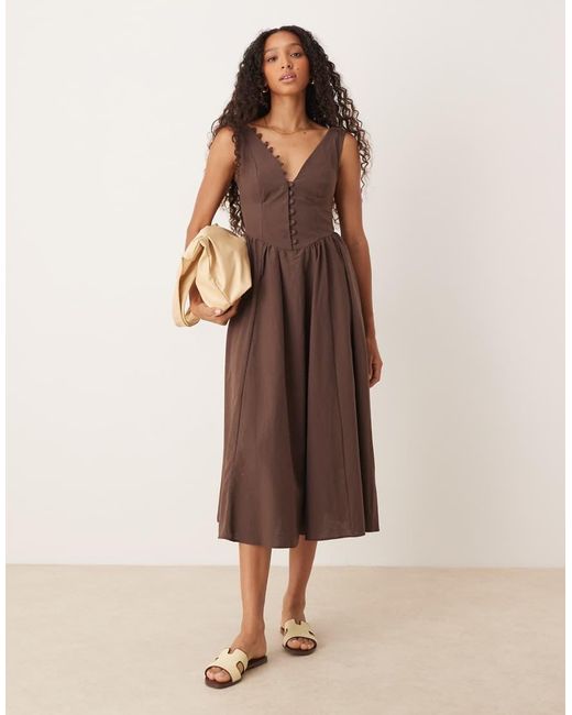 ASOS Natural V Neck Button Through Maxi Dress With Dropped Waist