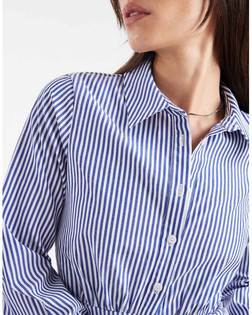 New Look Blue Striped Skater Shirt Mini Dress