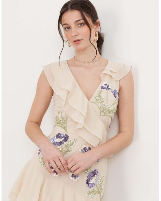 Maya Natural Embellished Asymmetric Ruffle Maxi Dress