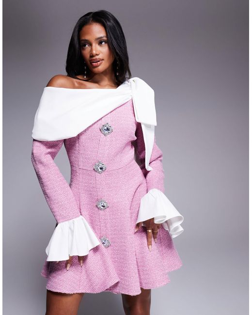 ASOS Purple Boucle And Poplin Mini Dress With Embellished Buttons