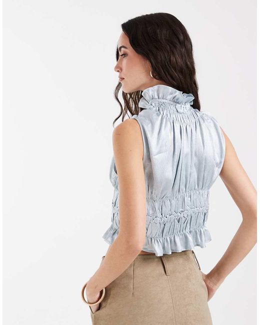 Muse Assembly Blue Ruffle High Neck Crop Shirred Top